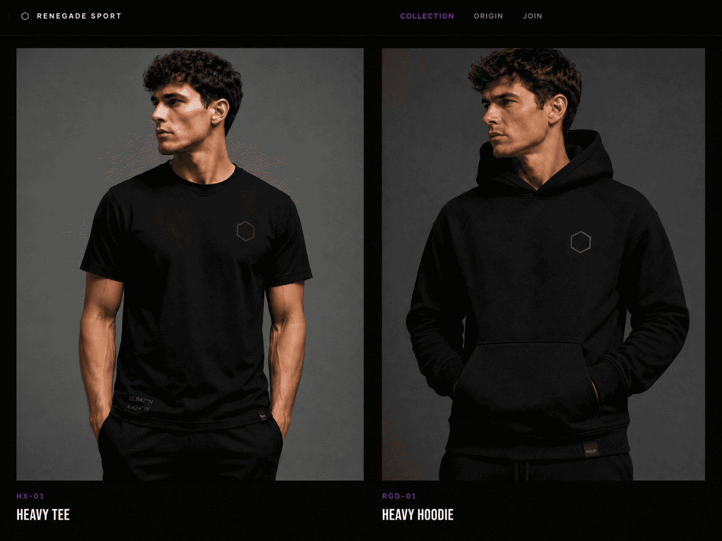 Renegade Sport collection page showing heavy tee and heavy hoodie products