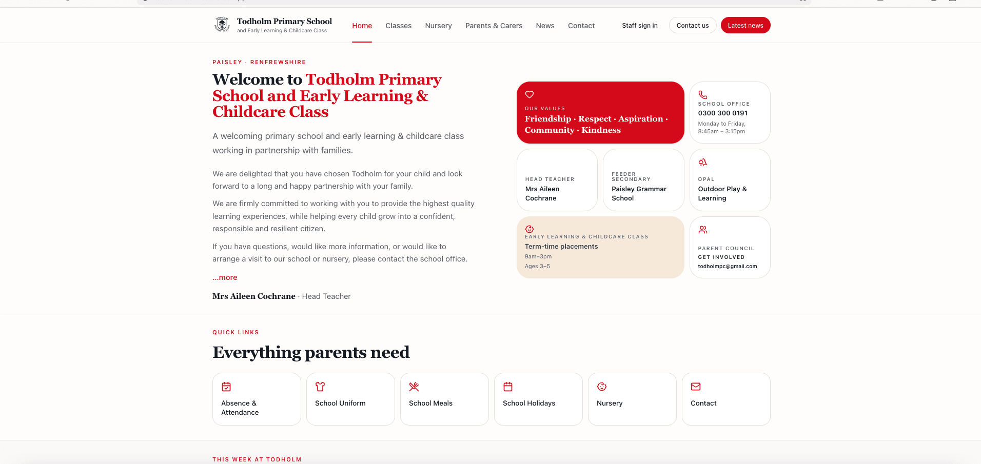 Todholm Primary School homepage with school identity and parent information routes