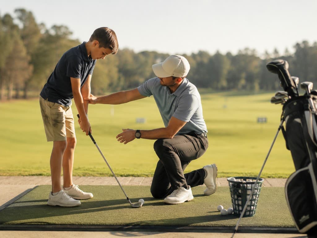 Professional golfer coaching a youngster on the driving range